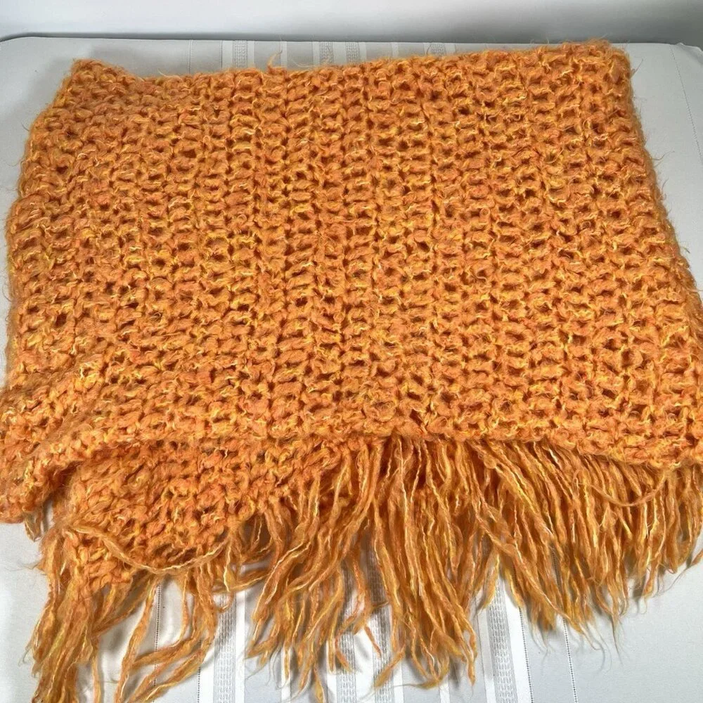Vintage Handmade Orange Open-Weave Fringe Throw Retro Accent Blanket MCM Boho